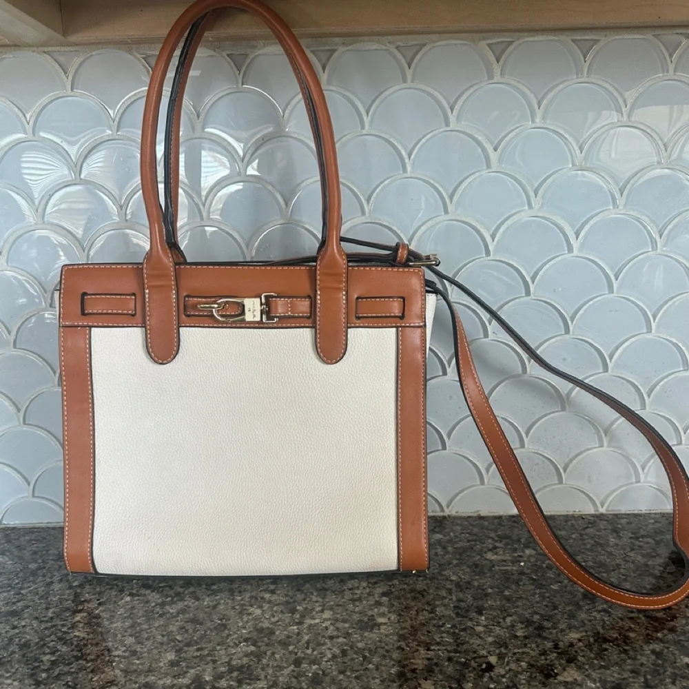 Simply Noelle Cream & Tan Pebbled Vegan Leather Crossbody Satchel